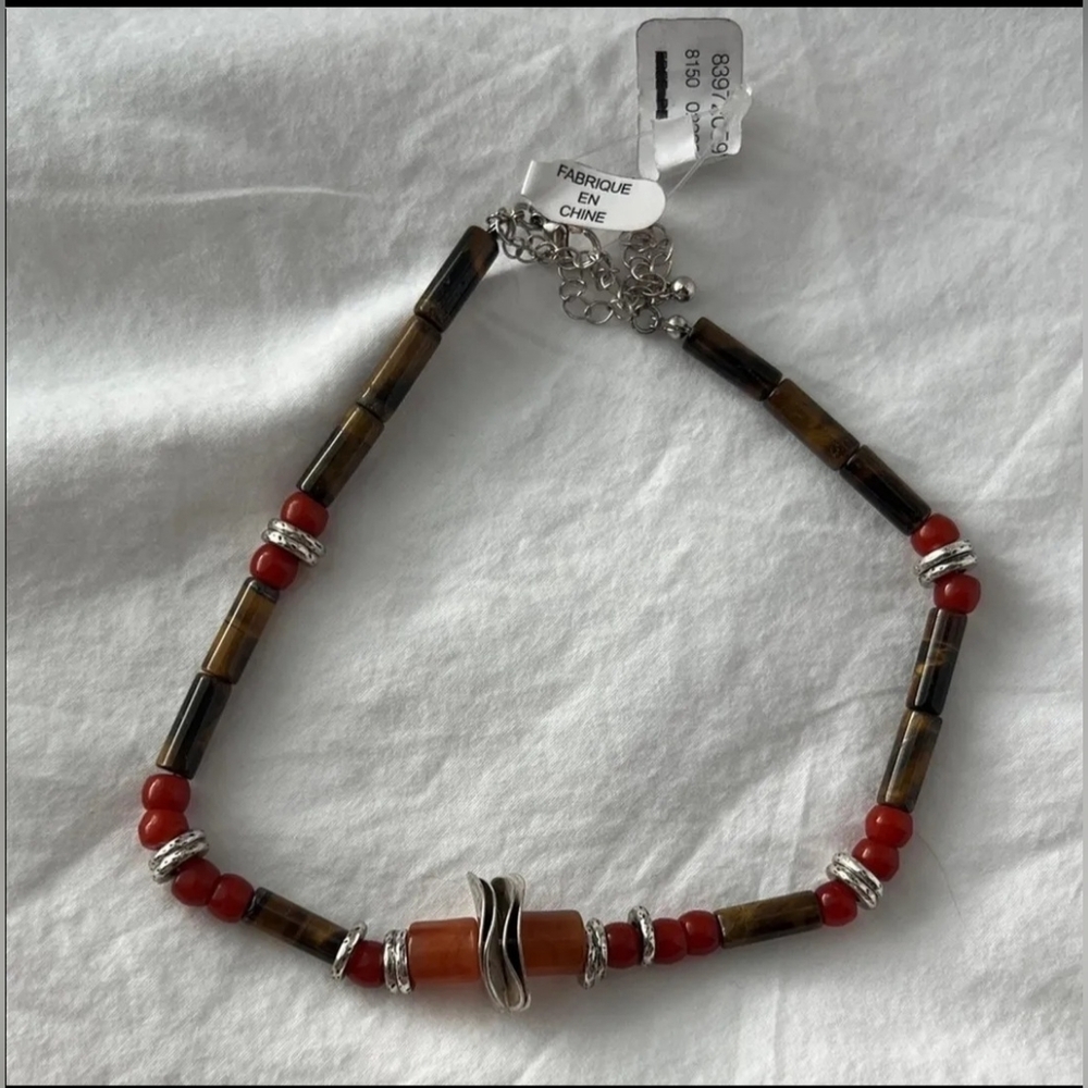 Free People Red and Brown Beaded Necklace with Silver Details NWT